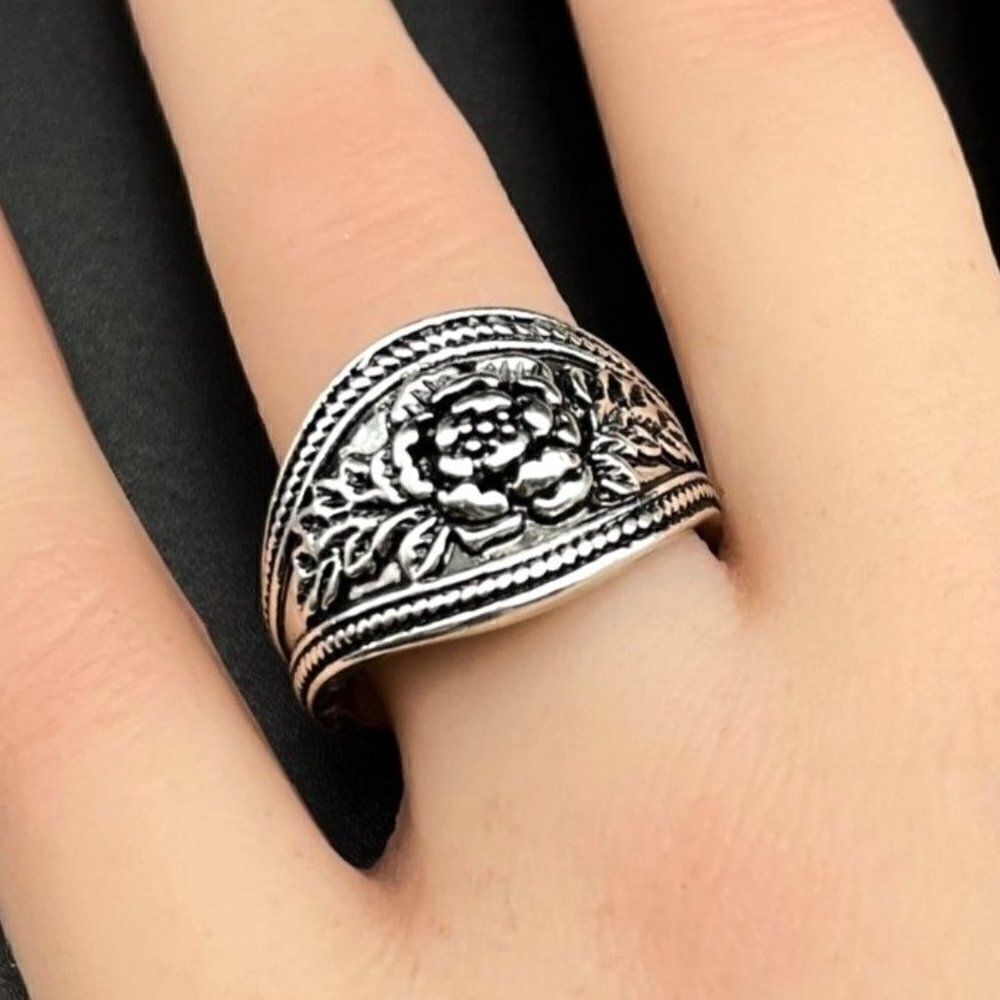 925 Sterling Silver Carved Rose Flower Vintage Style Wide Band Ring Size 9